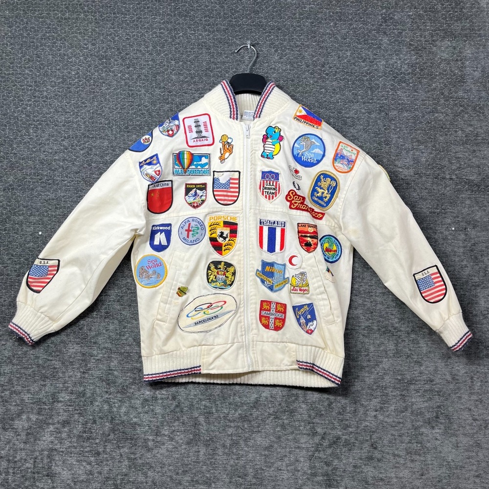 Fred Perry Bomber Jacket Men Small Ivory Good Vintage Novelty Patch Full Zip